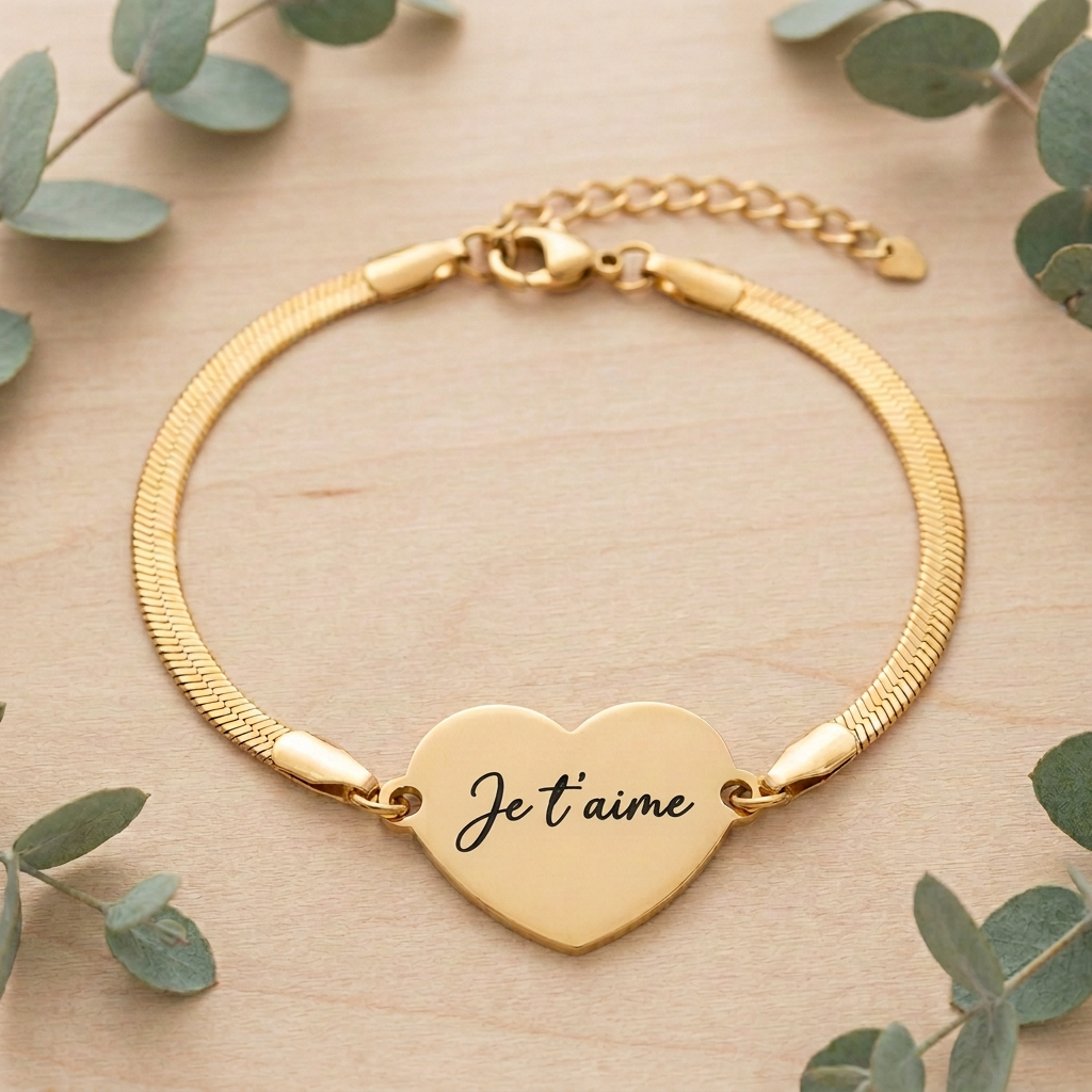 Bracelet cœur doré avec inscription Je t’aime en noir